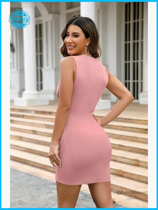 V Neck Sleeveless Faux Wrap Ruched Bodycon Cocktail Party Dress Elegant - Picture 3 of 7